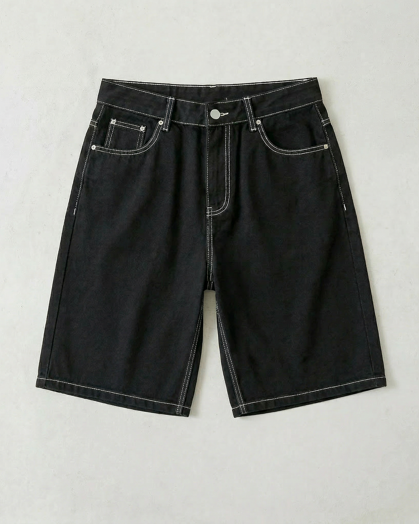 Contrast Stitch Black Baggy Denim Shorts