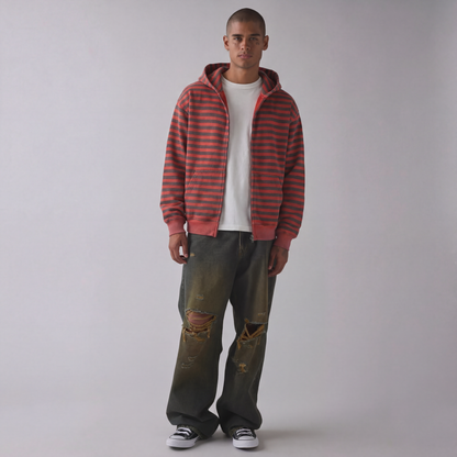 Vintage Red and Black Stripe Zip-Up Hoodie