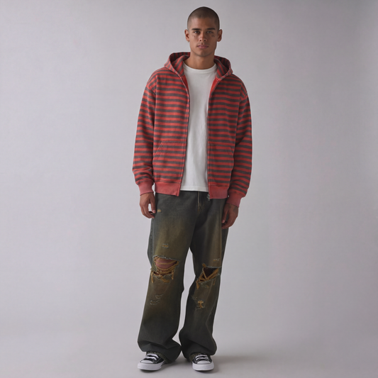 Vintage Red and Black Stripe Zip-Up Hoodie