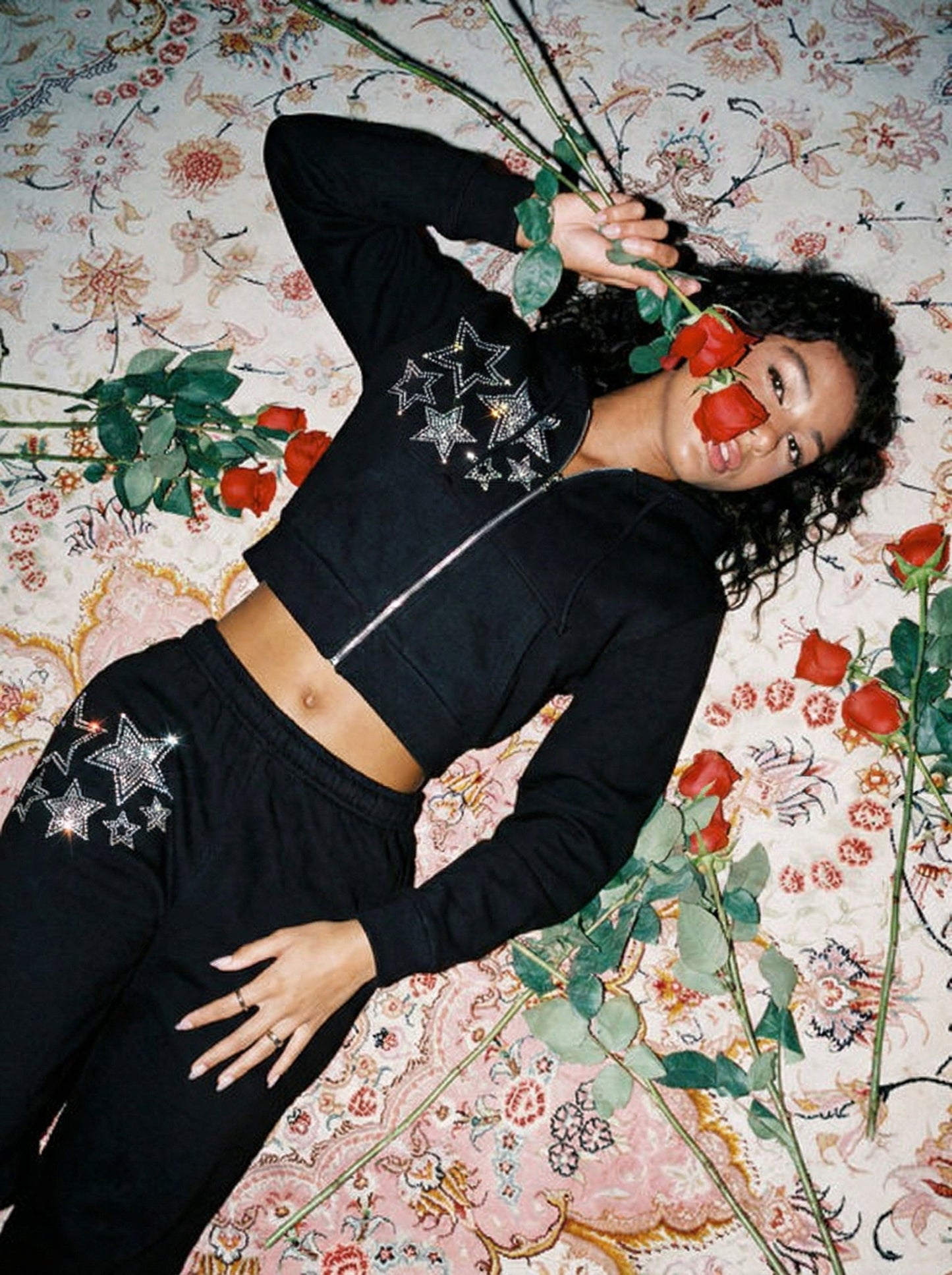 Stars Rhinestone Cropped Zip Up