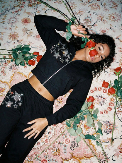 Stars Rhinestone Cropped Zip Up