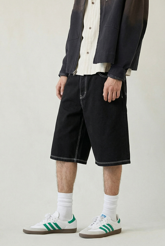 Contrast Stitch Black Baggy Denim Shorts