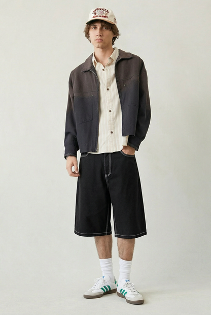 Contrast Stitch Black Baggy Denim Shorts