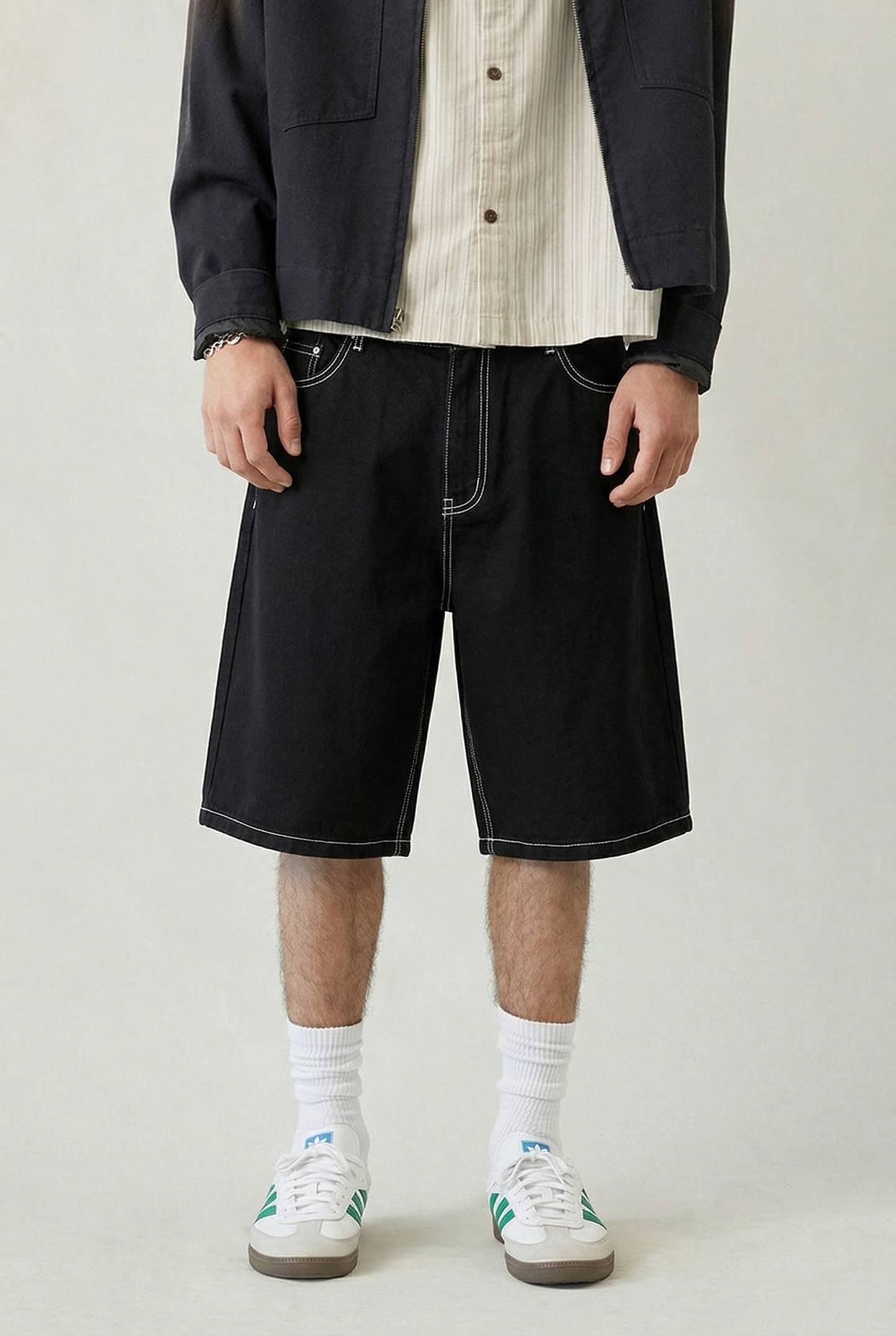 Contrast Stitch Black Baggy Denim Shorts