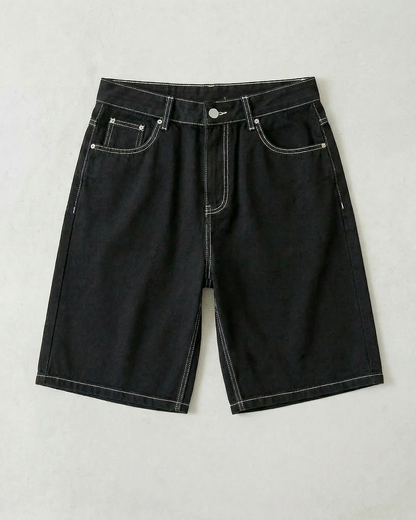 Contrast Stitch Black Baggy Denim Shorts